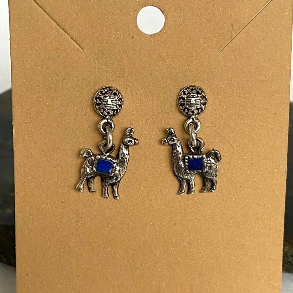 Sterling Silver 925 Southwest Style Llama Alpaca Lapis Dangle Drop Earrings